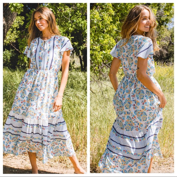 34 Boho Chic Floral Short Sleeve Midi Peasant Dress - Picture 2 of 4